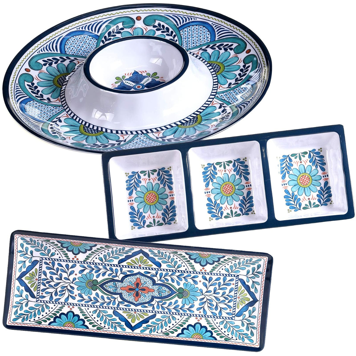 Talavera - Juego de vajilla de melamina de 3 piezas, servidor de chips y inmersión, bandeja de sabor de 3 secciones y plato rectangular de 19 pulgadas, colorido juego de servir del suroeste para