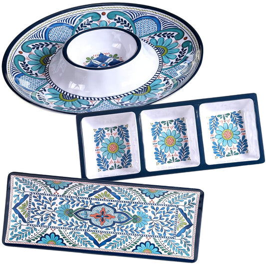 Talavera - Juego de vajilla de melamina de 3 piezas, servidor de chips y inmersión, bandeja de sabor de 3 secciones y plato rectangular de 19 pulgadas, colorido juego de servir del suroeste para