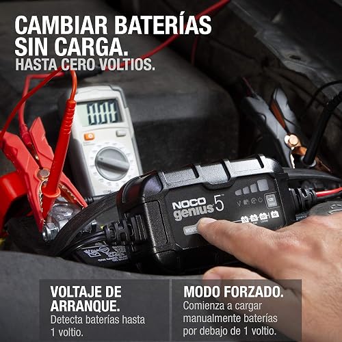 NOCO GENIUS5: Cargador de batería Inteligente 6V/12V 5A – Mantenedor automático, Cargador Lento y desulfatador con protección contra sobrecarga y compensación térmica – para baterías Plomo y Litio