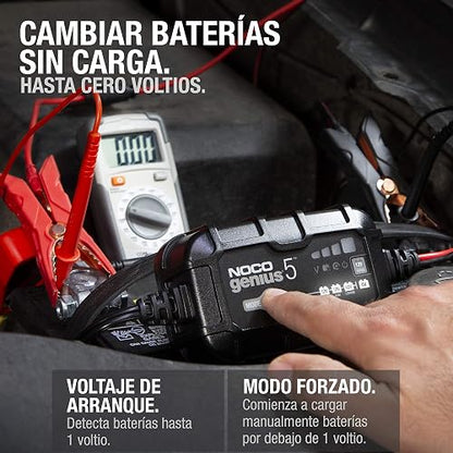 NOCO GENIUS5: Cargador de batería Inteligente 6V/12V 5A – Mantenedor automático, Cargador Lento y desulfatador con protección contra sobrecarga y compensación térmica – para baterías Plomo y Litio