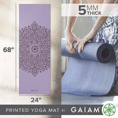 Gaiam - Tapete de yoga de 5 mm de grosor. Impresión premium gruesa, antideslizante, tapete de ejercicio y fitness, para todo tipo de yoga, pilates y entrenamientos de piso (173 cm x 61 cm x 5 mm)