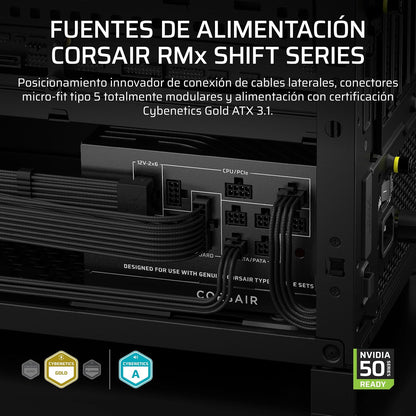 Corsair RM1000x Shift (2025) Fuente de Alimentación ATX Totalmente Modular – Interfaz Lateral Modular, 12V-2x6, ATX 3.1 y PCIe 5.1, Condensadores de 105°C, Cybenetics Gold – Negro