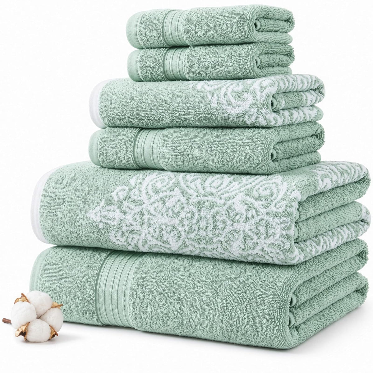 Amrapur Overseas Artesia Damask Juego de Toallas Jacquard teñido de Hilo Reversible, 6 Piezas (Salvia) - Estándar - Salvia