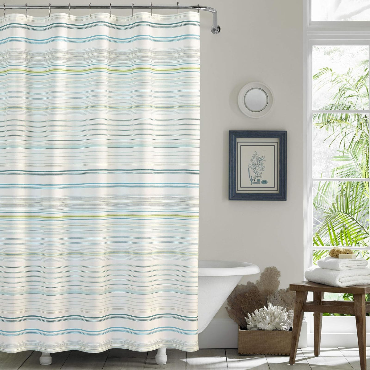 Tommy Bahama - Cortina de Ducha de Tela, Elegante decoración de baño a Rayas, con Agujeros en la Parte Superior (La Scala Breeze Green, 72 x 72 Pulgadas)