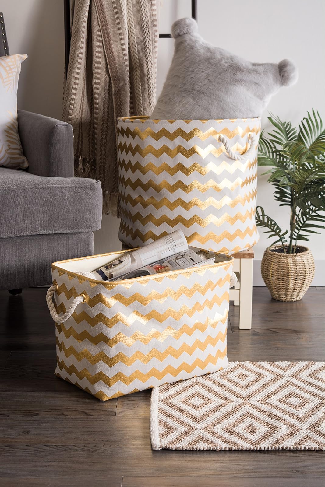 DII Collapsible Polyester Storage Basket or Bin with Durable Cotton Handles, Home Organizer Solution for Office, Bedroom, Closet, Toys, & Laundry (Large – 18x12x15"), Gold Chevron