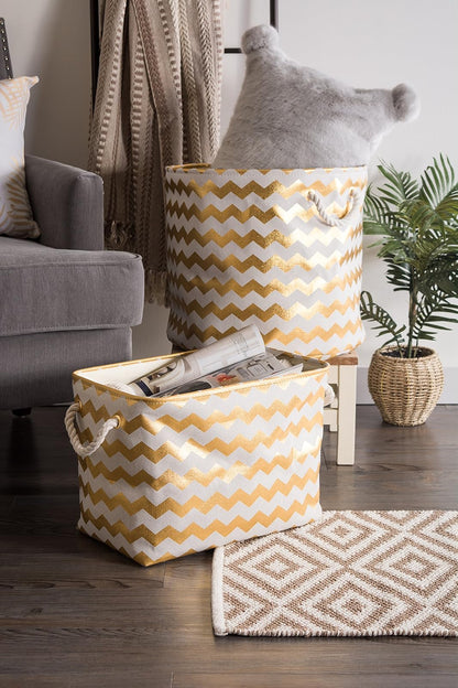 DII Collapsible Polyester Storage Basket or Bin with Durable Cotton Handles, Home Organizer Solution for Office, Bedroom, Closet, Toys, & Laundry (Large – 18x12x15"), Gold Chevron