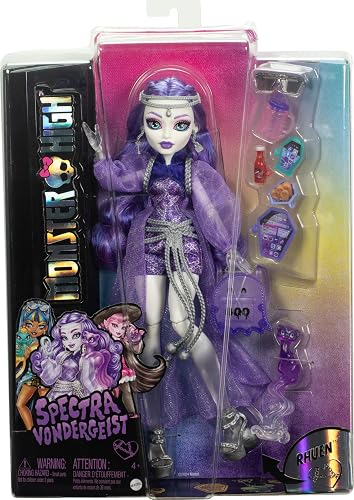 Monster High Muñeca Spectra para niñas de 4 años en adelante | Ghost in Purple Clothes, incluye Pet Ferret Rhuen, 7 accesorios como mochila, tableta, aperitivos y más
