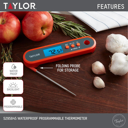 Taylor Digital - Termómetro digital impermeable para alimentos y carne, con una sonda plegable, preajustes programables, visualización retroiluminada para horno, parrilla, ahumador y barbacoa, incluye