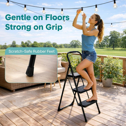 SereneLife Escalera Plegable de Acero de 3 Peldaños Anchos Antiderrapantes con Pasamanos, Capacidad de 150 kg, Ideal para Limpieza, Decoración y Tareas del Hogar