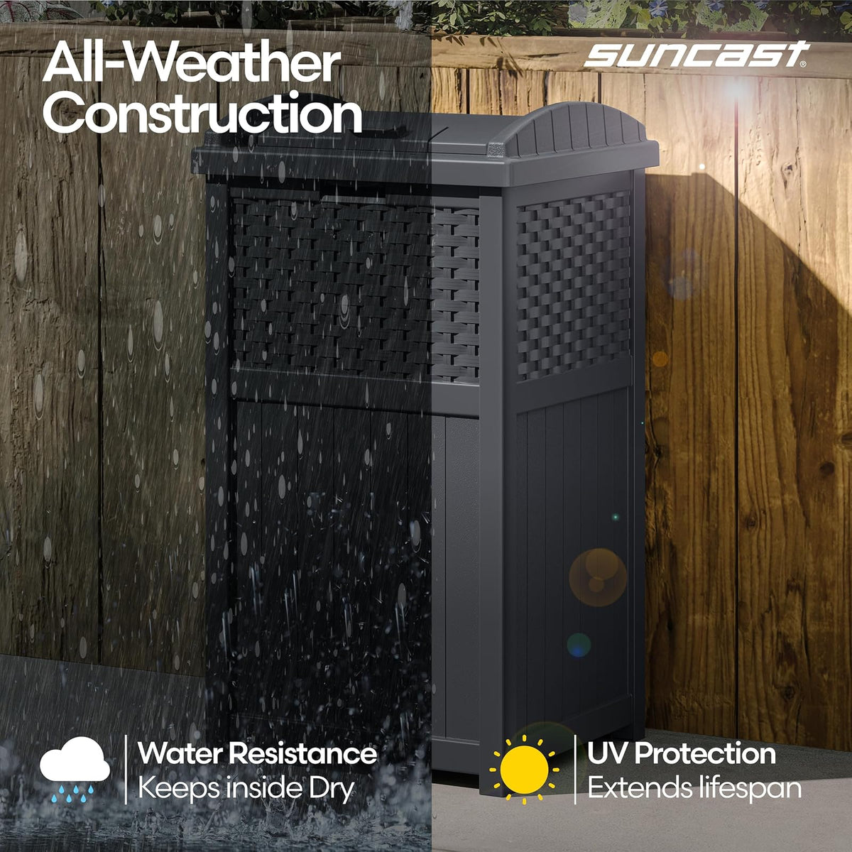 Suncast - Papelera de mimbre de 33 galones con tapa de cierre seguro y construcción resistente a la intemperie para patio, gris ciberespacio, fabricado en los Estados Unidos