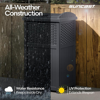 Suncast - Papelera de mimbre de 33 galones con tapa de cierre seguro y construcción resistente a la intemperie para patio, gris ciberespacio, fabricado en los Estados Unidos