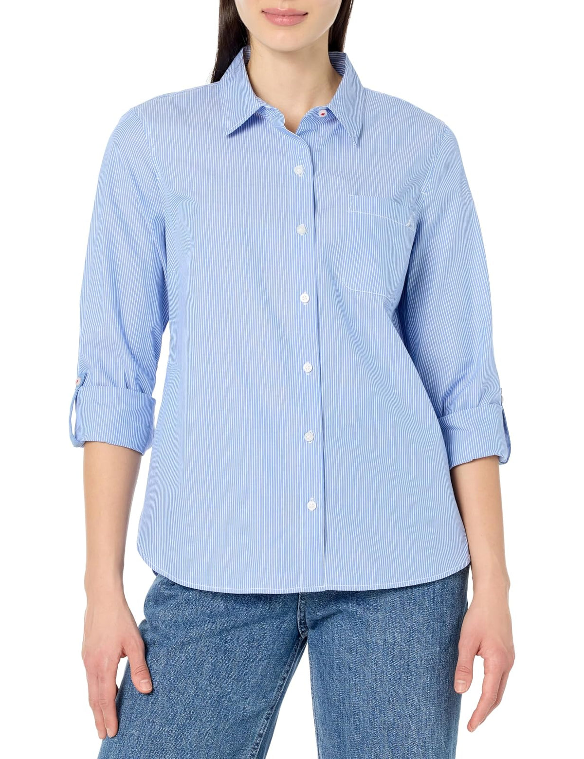 Nautica Camisa de Mezclilla Manga Larga con Botones para Mujer - CH - Azul - Blanco