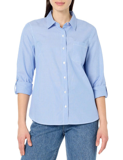 Nautica Camisa de Mezclilla Manga Larga con Botones para Mujer - CH - Azul - Blanco