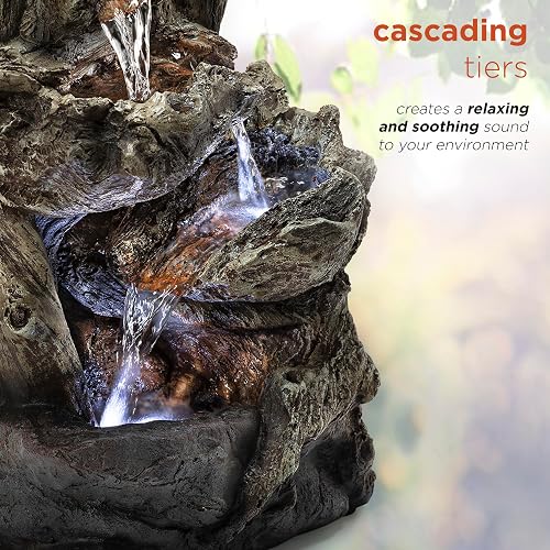 Alpine Corporation WIN794S Fuente de Agua de Troncos en Niveles para Mesa de Interior con Luces LED, Cascada de Luz de Bosque Tropical, 14", Marrón