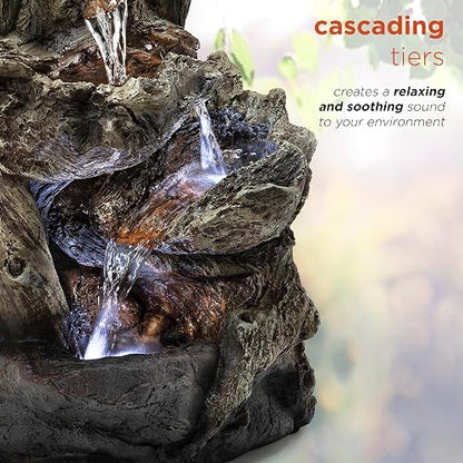 Alpine Corporation WIN794S Fuente de Agua de Troncos en Niveles para Mesa de Interior con Luces LED, Cascada de Luz de Bosque Tropical, 14", Marrón