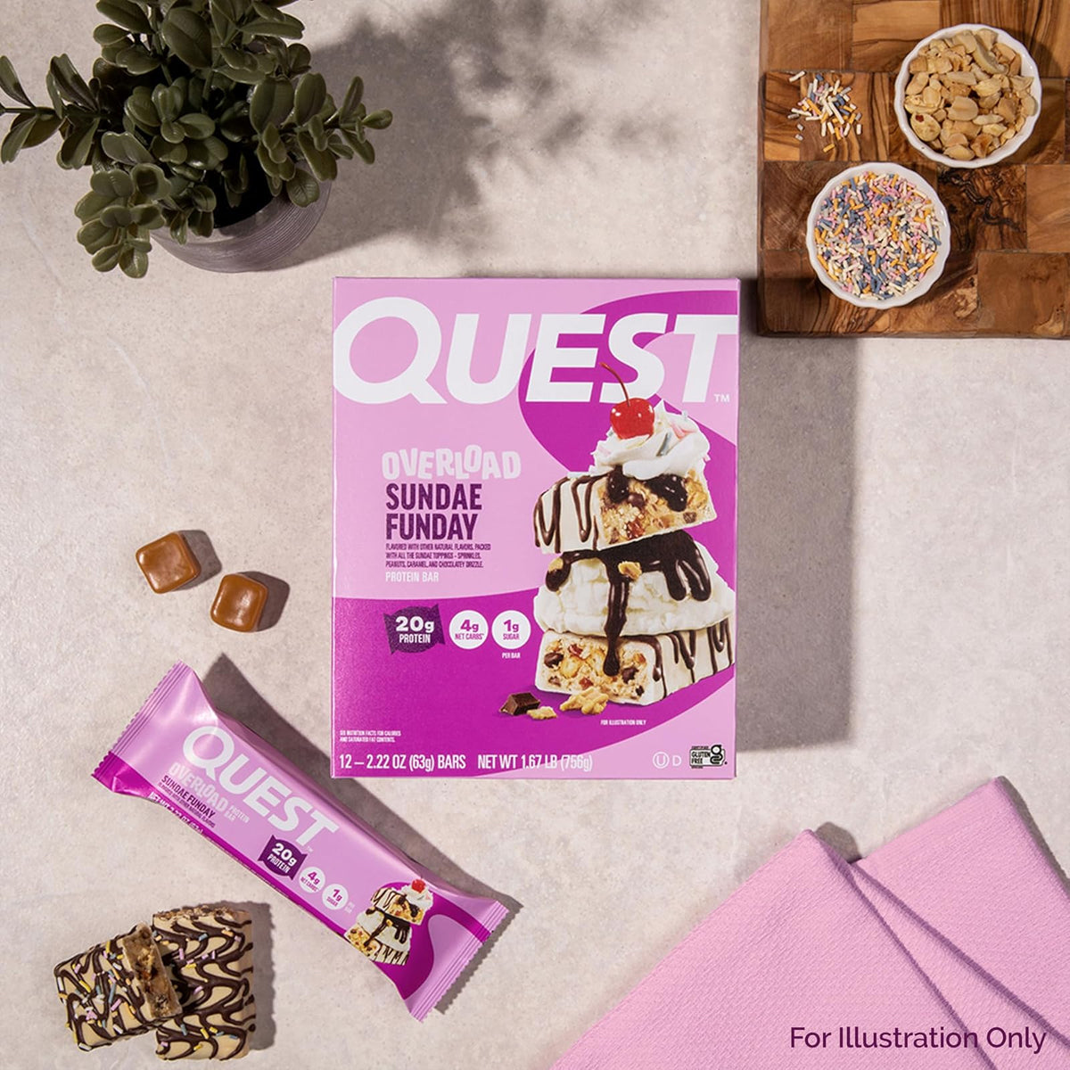 Quest Nutrition Overload Barra de Proteína sabor Sundae Funday | 20g de Proteína, 1g Azúcar | Gluten Free | Caja con 12 barras