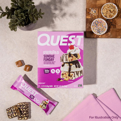 Quest Nutrition Overload Barra de Proteína sabor Sundae Funday | 20g de Proteína, 1g Azúcar | Gluten Free | Caja con 12 barras