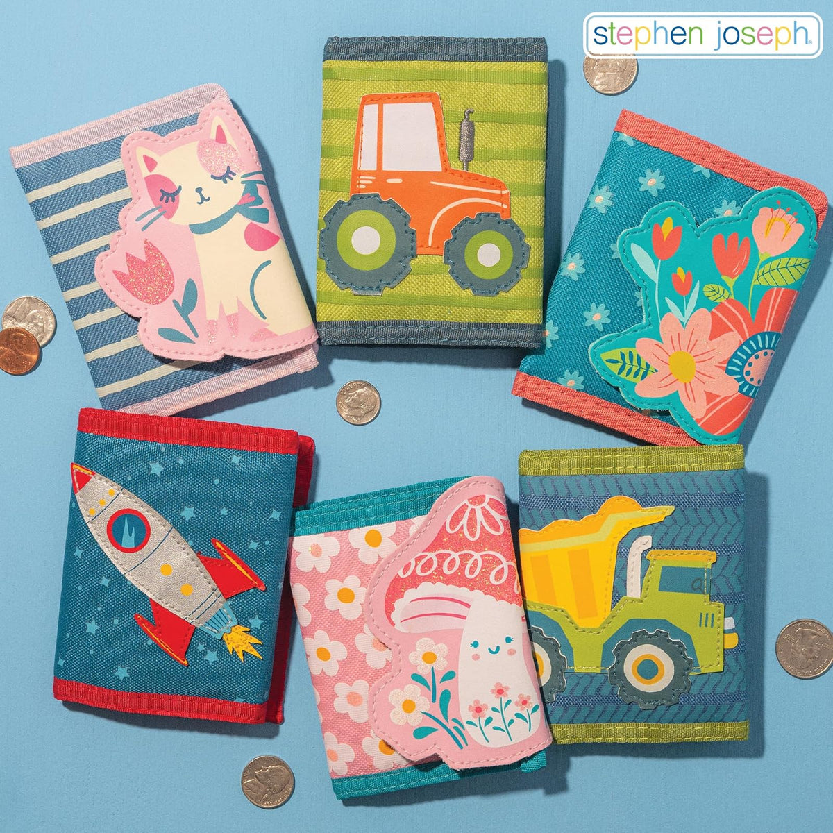 Stephen Joseph, portafolios unisex para niños, portafolios para niños y niñas con diseños de apliques, portafolios serigrafiada con bolsillo para monedas con cierre, Espacio azul oscuro, Una talla,