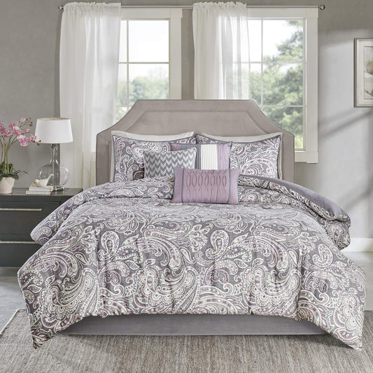 Madison Park Gabby - Juego de edredón de algodón satinado, transpirable, funda suave, moderno, ropa de cama alternativa para todas las estaciones con fundas a juego, King (104 x 92 pulgadas), cachemira lavanda/gris, 7 piezas