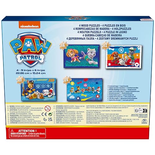 Spin Master Paw Patrol, Paquete de 4 Rompecabezas de Madera, Rompecabezas para niños de 12 Piezas, 16 Piezas, 20 Piezas y 24 Piezas