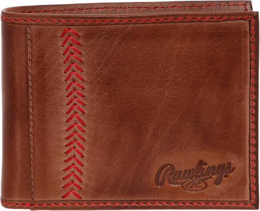 Rawlings Bifold Wallet Collection para hombre, café | Costura de béisbol, compacto, Rawlings | Colección de Bifold para hombre | piel auténtica | Múltiples estilos y colores