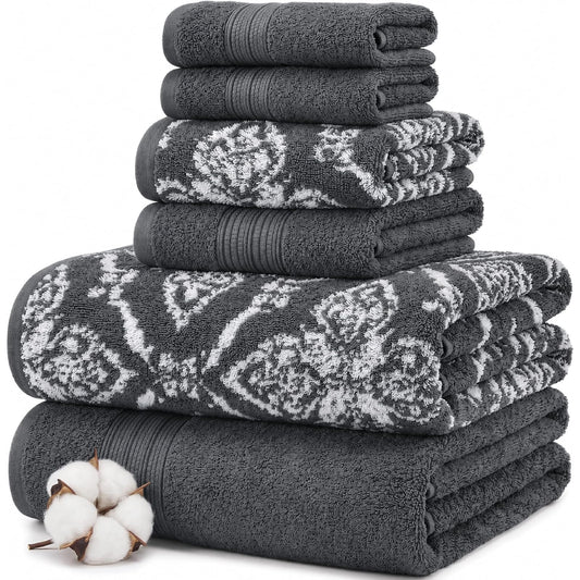 Modern Threads Amaris - Juego de 6 Toallas Reversibles teñidas de Hilo Jacquard, Toallas de baño, Toallas de Mano y paños de baño, súper absorbentes y de Secado rápido, 100% algodón Peinado, carbón