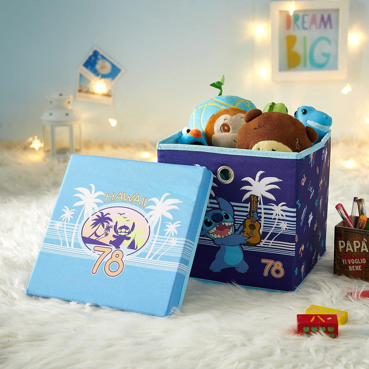 Idea Nuova cubeta de almacenamiento plegable Lilo & Stitch con tapa extraíble, 10 x 10 x 10 pulgadas, organizador de tela para juguetes, ropa y accesorios, recámara o sala de juegos