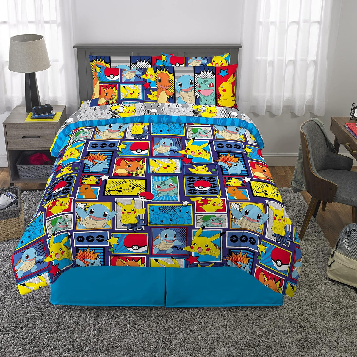 Franco - Juego de Ropa de Cama Supersuave para niños, edredón y sábanas con Funda de Almohada, 7 Piezas, tamaño matrimonial, Pokémon