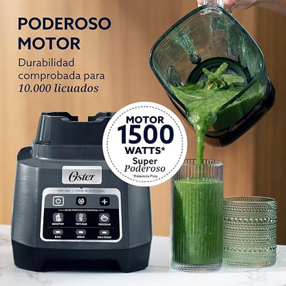 Oster Licuadora Profesional XTREMEMIX 1500 W, Vaso de Vidrio 2 L, iBlend | Tecnología Reversible, 3 Programas Automáticos: Smoothie, Triturar, Procesar, 3 Velocidades + Pulso, Gris, BLSTXPG-BW