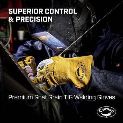 Caiman - Guantes de soldadura TIG/multitarea de grano de cabra, parte trasera de piel vacuno dividida, puño extendido de 4 pulgadas, blanco/dorado, L (1540-5)