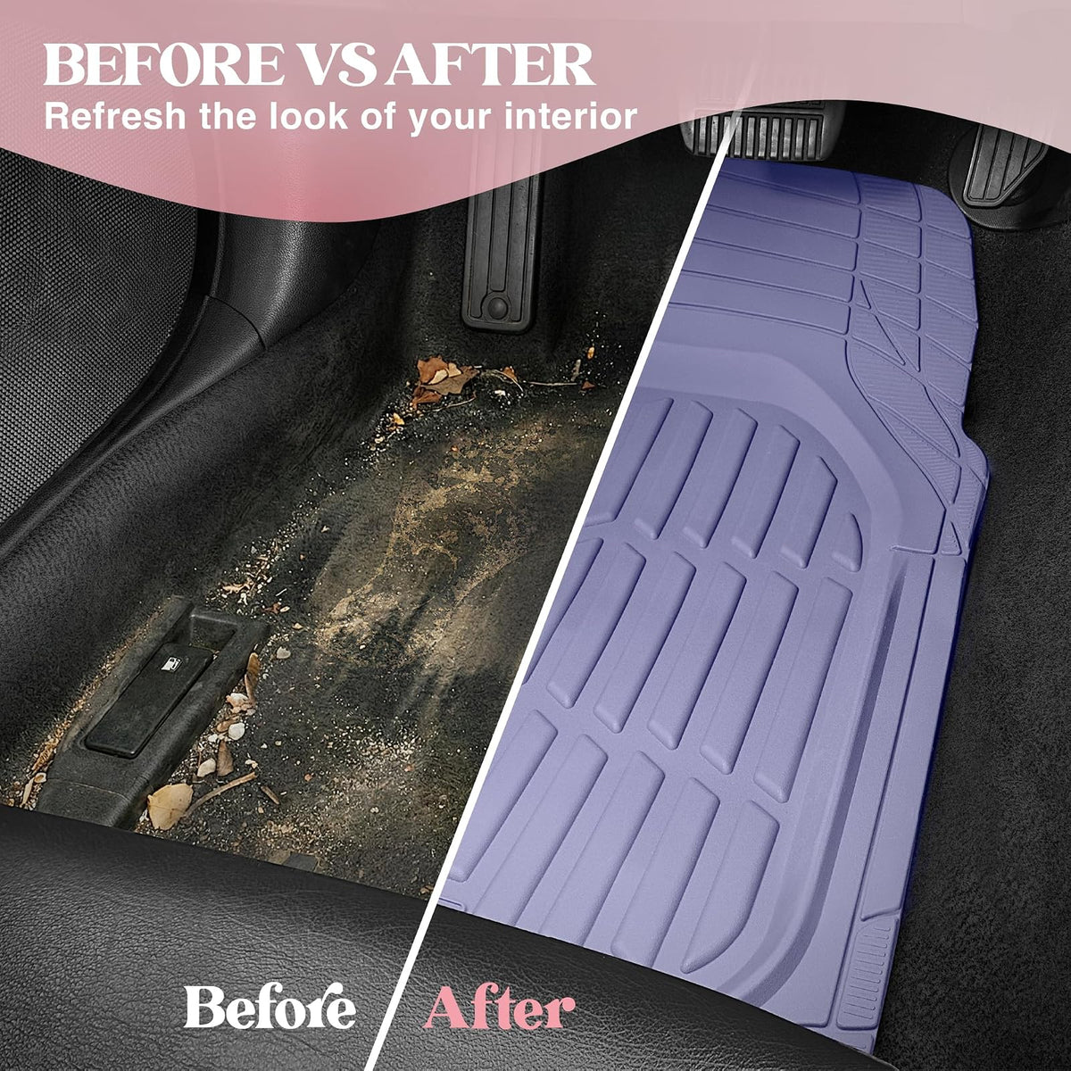 Carbella Alfombrillas de Goma Lavanda de 4 Piezas de Ajuste Universal para Auto, CBMT-923