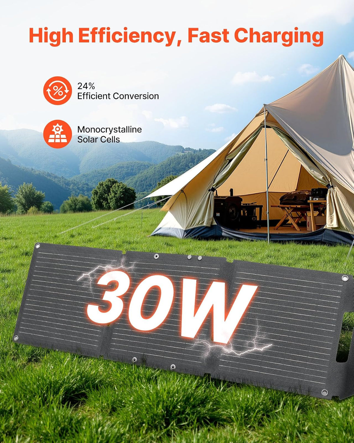 VEVOR Placa Solar Plegable 30W, Panel Solar Monocristalino Portátil, 3 Puertos USB-A y USB-C, IP65 Impermeable, Cargador para Tablets Móviles Power Bank, Energía para Camping Senderismo Autocaravanas