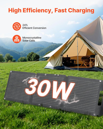 VEVOR Placa Solar Plegable 30W, Panel Solar Monocristalino Portátil, 3 Puertos USB-A y USB-C, IP65 Impermeable, Cargador para Tablets Móviles Power Bank, Energía para Camping Senderismo Autocaravanas
