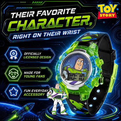 Disney Pixar Toy Story 4 Buzz Lightyear - Reloj LCD intermitente para niños con esfera colorida iluminada, funda duradera, correa con temática espacial, perfecto para niños y niñas a partir de 4 años,