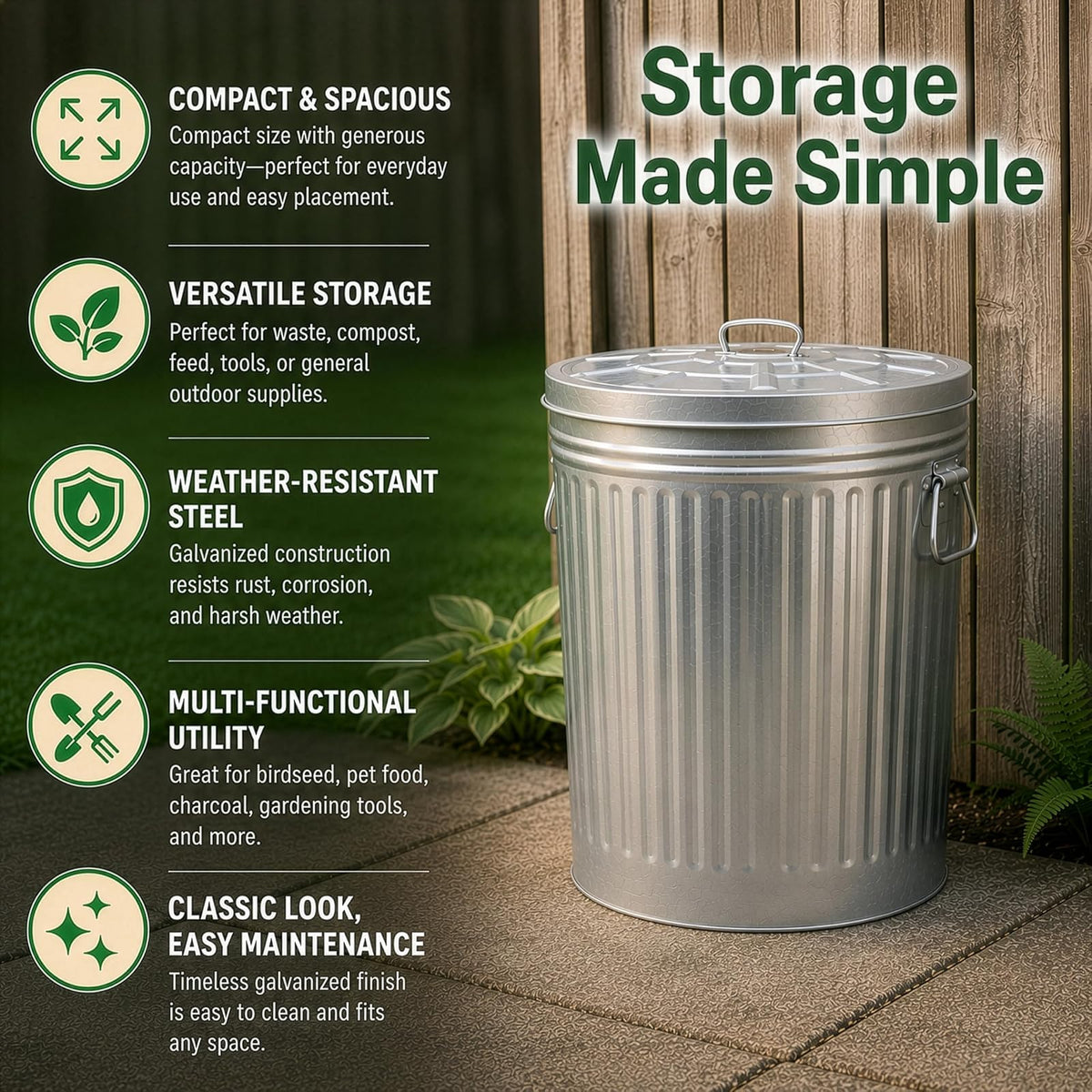 cubeta de basura de acero galvanizado redondo jardinizado, de 7 galones con tapa, cubeta de metal duradero para uso en patio, césped, jardín y patio, bote de basura resistente a la intemperie para