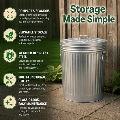 cubeta de basura de acero galvanizado redondo jardinizado, de 7 galones con tapa, cubeta de metal duradero para uso en patio, césped, jardín y patio, bote de basura resistente a la intemperie para