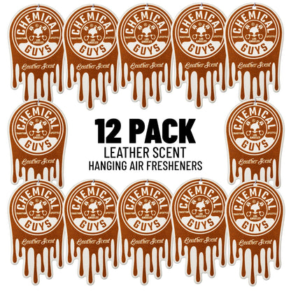 Chemical Guys Ambientador Colgante, Aroma a Cuero, Ideal para Automóviles, Camiones, todoterrenos, caravanas, Casas, garajes, Espacios de Trabajo, dormitorios y más, Pack de 12 Unidades
