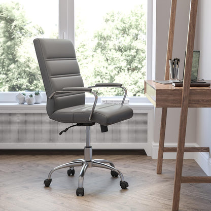 Flash Furniture Whitney - Silla de computadora giratoria de Piel Suave con Asiento Acolchado y reposabrazos, Silla de Oficina Acolchada de Altura Ajustable, Gris/Cromo