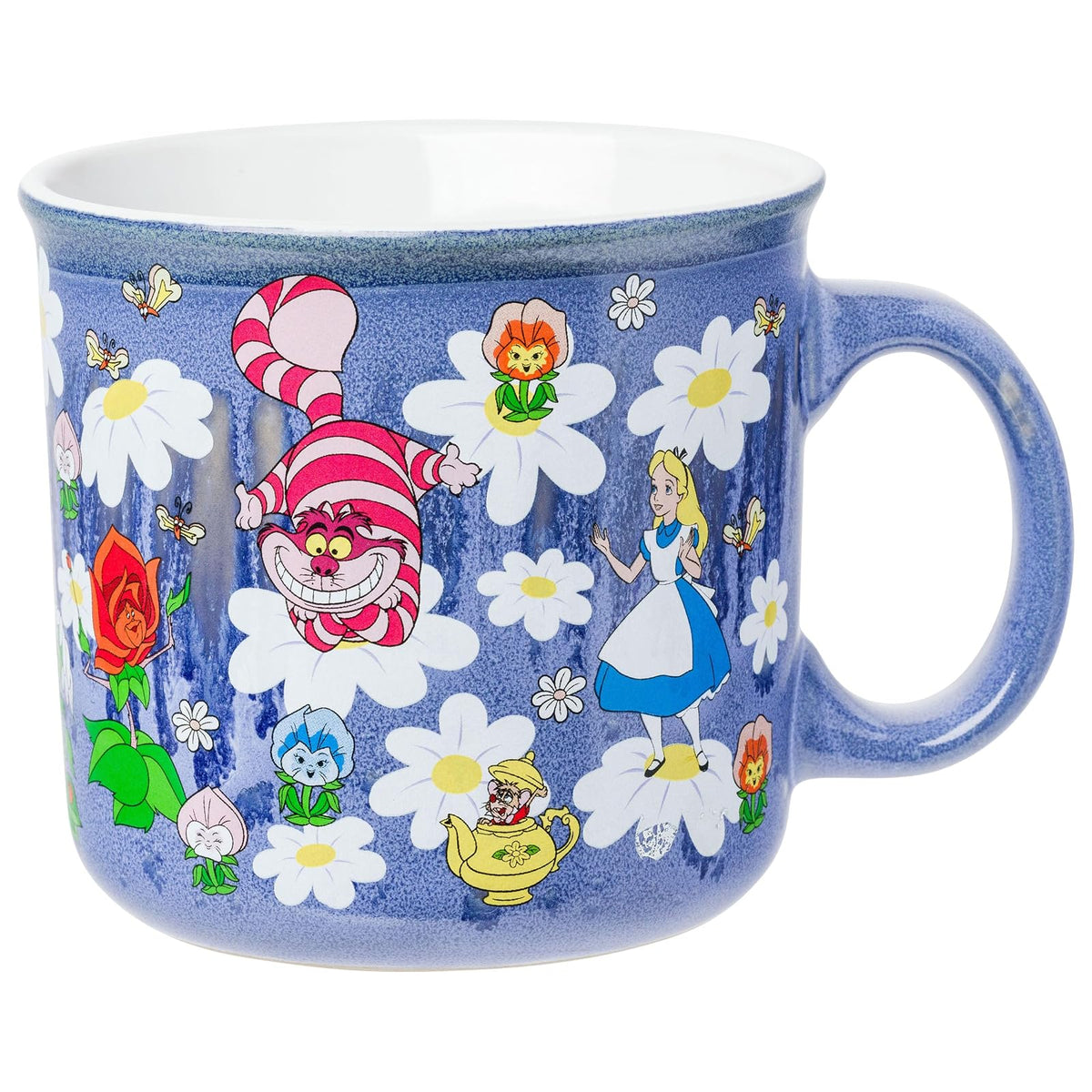 Silver Buffalo Disney Alicia en el país de las maravillas con gato Cheshire, sombrerero loco, conejo blanco y más esmaltado reactivo, taza de cerámica campista de 20 onzas