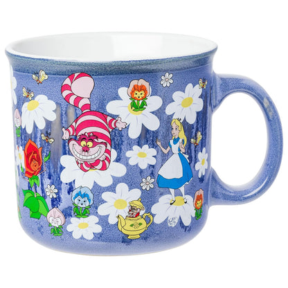 Silver Buffalo Disney Alicia en el país de las maravillas con gato Cheshire, sombrerero loco, conejo blanco y más esmaltado reactivo, taza de cerámica campista de 20 onzas