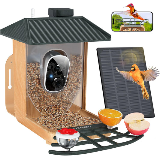 Osoeri Comedero para Pájaros con Cámara, Inteligente con IA, Identifica Aves Silvestres, Solar, Captura Vídeos Automática, Detección de Movimiento, Accesorios DIY, Regalo para Amantes de Las Aves