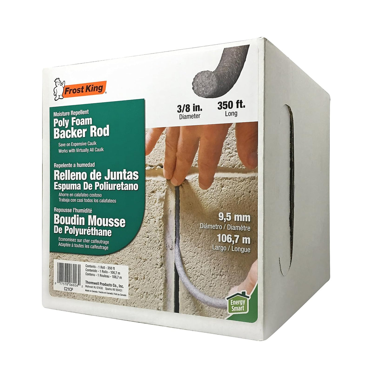 Frost King C21H Ahorrador de calafateo de espuma de poliuretano, gris, 3/8" x diam. x 350 ft, Gris