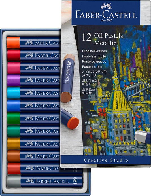 Faber-Castell Tizas Oil Pastels Metálicos con 12 tizas de diferentes colores, este set incluye 12 tizas pasteles al óleo con acabados metálico, cuenta con un empaque compacto que protege cada tiza