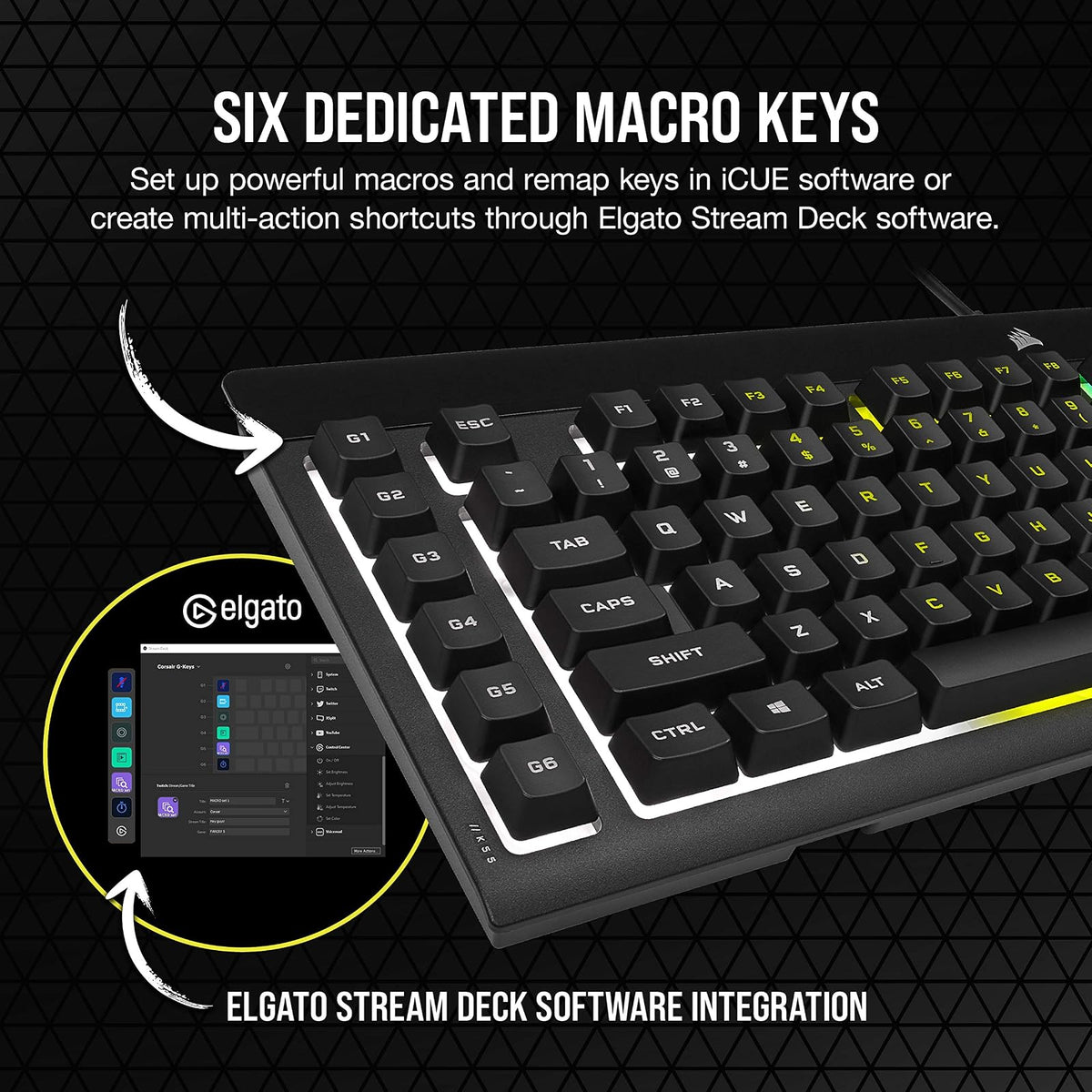 Corsair K55 RGB Pro Teclado para Juegos con Cable de Membrana – IP42 Resistente al Polvo y derrames – 6 Teclas Macro con integración Elgato – Compatible con iCUE – QWERTY NA – PC, Mac y Xbox – Negro