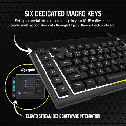 Corsair K55 RGB Pro Teclado para Juegos con Cable de Membrana – IP42 Resistente al Polvo y derrames – 6 Teclas Macro con integración Elgato – Compatible con iCUE – QWERTY NA – PC, Mac y Xbox – Negro