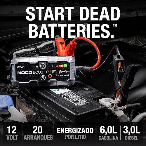 NOCO Boost GB40: Arrancador de batería de Auto 1000A – Booster de Litio portátil 12V, Power Bank y Cables para Pasar Corriente – para Motores de Gasolina hasta 6.0L y diésel hasta 3.0L