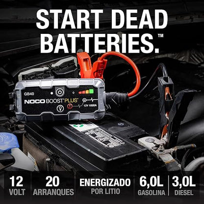 NOCO Boost GB40: Arrancador de batería de Auto 1000A – Booster de Litio portátil 12V, Power Bank y Cables para Pasar Corriente – para Motores de Gasolina hasta 6.0L y diésel hasta 3.0L
