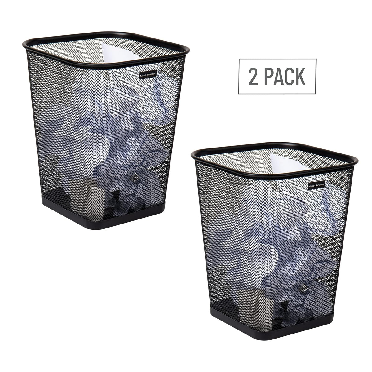Mind Reader Mesh Trash Can, Waste Paper Basket, Square, Office, Metal Mesh, 9.75" L x 9.75" W x 12.25" H, Set of 2, Black