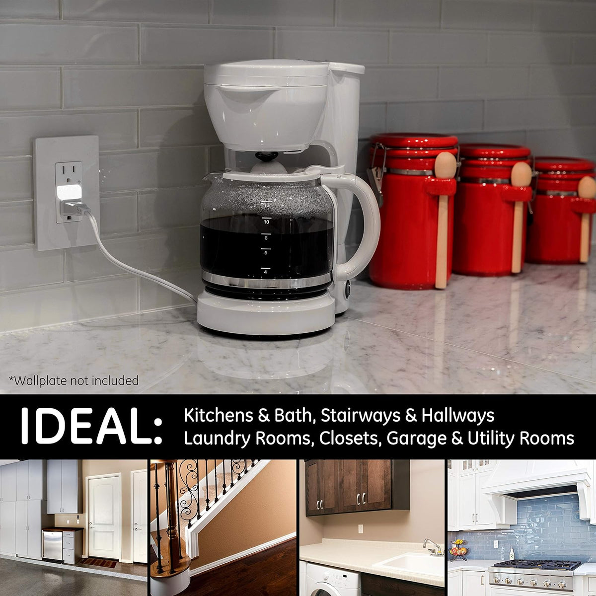 GE UltraPro Grounding Duplex Outlet with LED Guide Light, In Wall Receptacle, Tamper Resistant Outlets, Soft Glow Light, Sensor Light, 15A / 125VAC, UL Listed, White, Wallplate Not Included, 40967