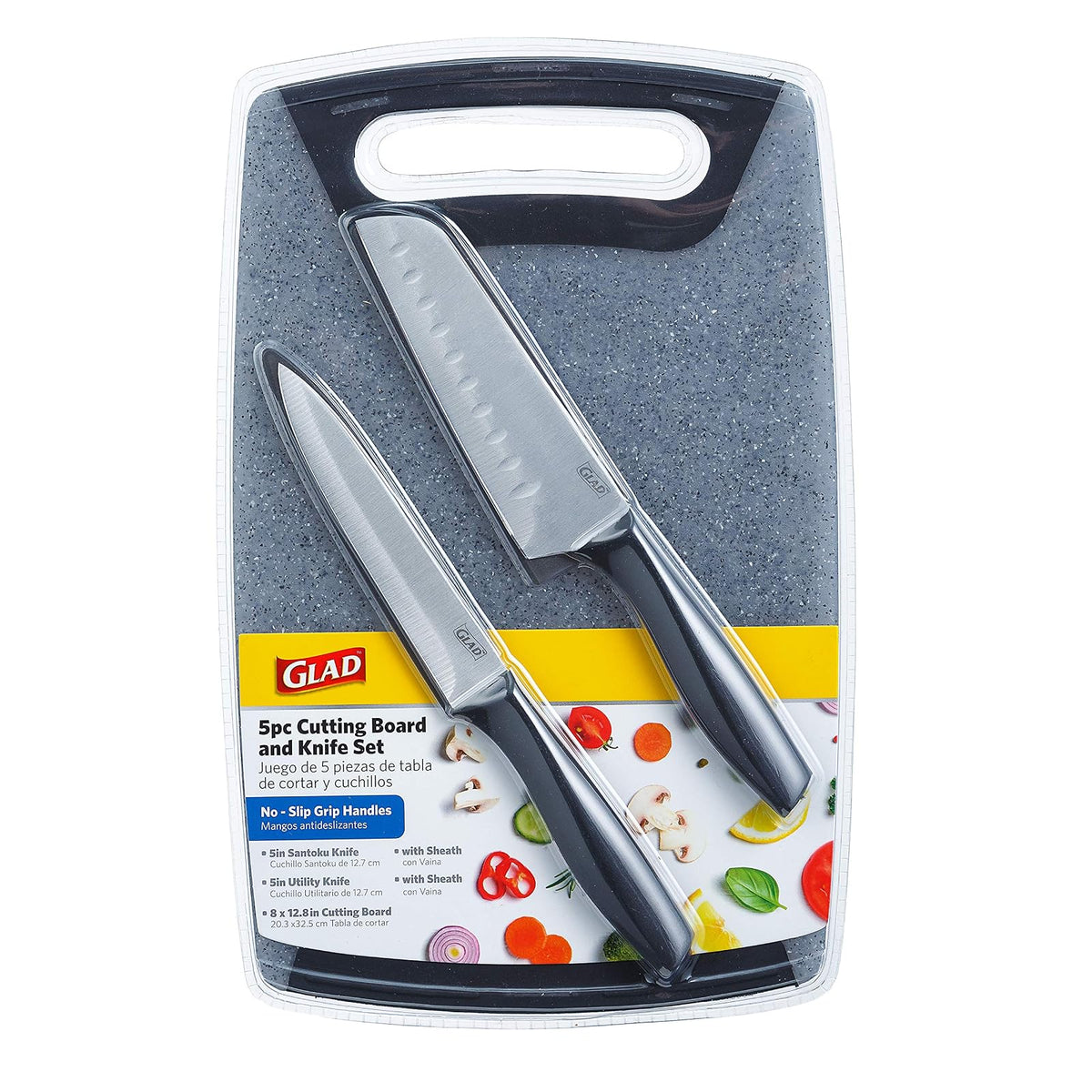 Glad - Juego de cuchillos con tabla de cortar, 5 piezas, cuchillos santoku afilados y utilitarios con cubiertas de hoja y bloque de plástico para picar | Accesorios de cocina color gris